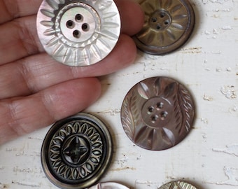 Antique Buttons Mother of Pearl Smoky Gray Carved Mixed Lot Of 6 Unique Large Size