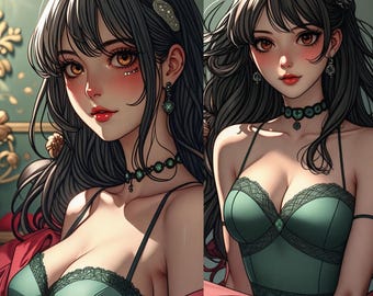 Puede incluir: Dos ilustraciones de estilo anime de una mujer con cabello largo y oscuro y piel clara. Lleva un top de color verde azulado con ribete de encaje y una gargantilla a juego. Su maquillaje incluye lápiz labial rojo y rubor. El fondo es verde suave.