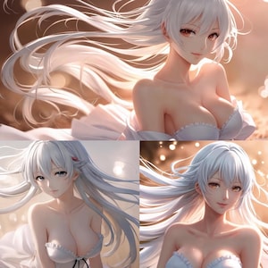 Ensemble de 3 oeuvres d'art numérique, manga, cheveux blancs, fille d'anime, téléchargement numérique haute qualité 300 ppp, format standard 16/9, 4000 x 2300 px JPG et PNG