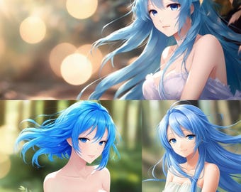 Stampa artistica manga di una ragazza anime: ritratto con capelli blu (download digitale)