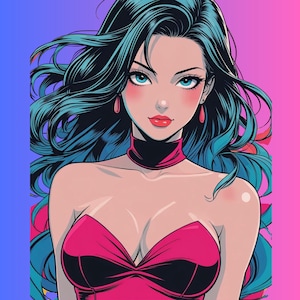 May include: Digital illustration of a woman with long, flowing teal hair and blue eyes. She wears a red dress with a sweetheart neckline and a matching choker. Red teardrop earrings and red lipstick complete the look. The background transitions from blue to pink.
