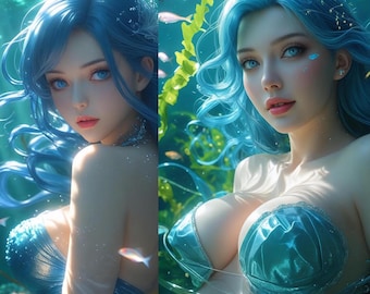 May include: Two images of a woman with long, flowing blue hair and blue eyes, underwater. She wears a teal seashell-shaped top. The background features aquatic plants and small fish, creating a fantasy underwater scene.