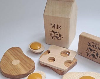 Montessori Pretend Food for Little Chef: Wooden Breakfast Set, Imaginative Kitchen Play