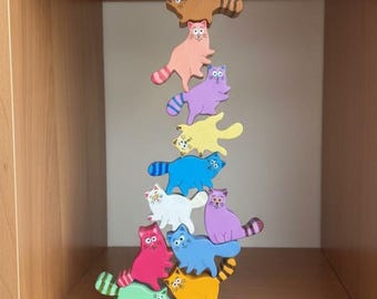 Balancing Wooden Cats: Brain Development Game for Toddlers, Colorful Stacking Toy
