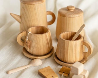 Wooden Toys Montessori Kitchen Tea Set Pretend Kitchen Set Teapot Toy Roleplay Safe Toys for Babies Imaginative Play Toddler Birthday Gift