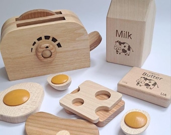 Wooden Breakfast Set: Food Items and Toaster, Montessori Kitchen, Imaginative Play