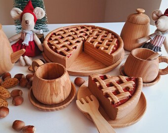 Wooden Cherry Pie Toy Set: Pretend Play Kitchen, Handmade Ash Wood 