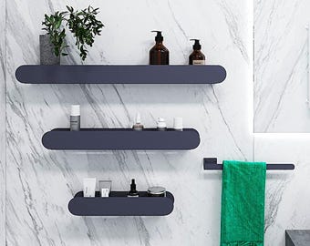 Estante flotante minimalista negro, elegante estante flotante, estante de baño de metal, moderno almacenamiento de baño montado en la pared para ducha