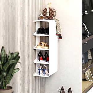 White Tall Shoe Rack, Minimalist wall-mounted shoe rack, Vertical metal shoe storage, Cabinet Footwear Organizer, Shoe Storage Standing