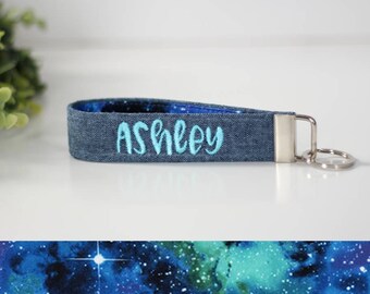 Galaxy Personalized Key Fob - PREORDER: Aqua Blue Embroidered Wristlet Keychain in Galaxy; Stars Keychain; Custom Key Fob in Blue and Aqua