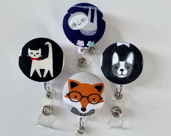 Handmade Animal Retractable Badge Reel; Fox Badge Holder; Sloth ID holder Retractable; Dog Cat Fabric Badge Reel Holder- PREORDER