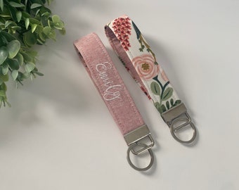 Rifle Paper Floral Personalized Fabric Keychain - PREORDER; Wristlet Keychain, Teacher Gift; Key strap; Embroidered Key Fob Teacher Gift
