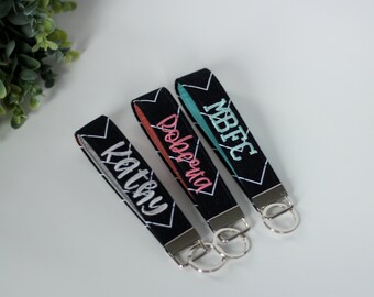 Personalized Fabric Keychain - PREORDER; Wristlet Keychain in Black Chevron, Custom Keychain Choose Your Color; Teacher Gift; Embroidered