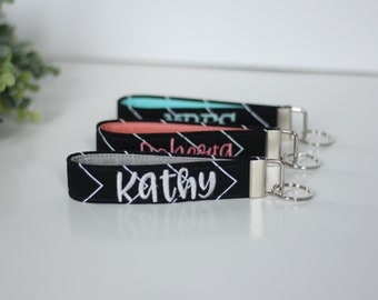 Personalized Black White Chevron Fabric Keychain - PREORDER; Custom Key Fob; Teacher Gift; Key strap; Embroidered Key Fob Teacher Gift