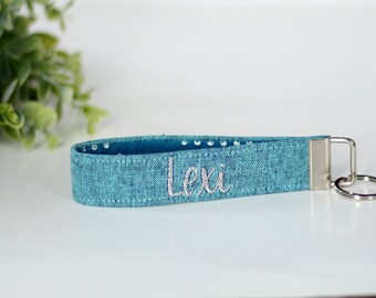Teal Personalized Key Fob; Linen Keychain in Teal Blue; Personalized Keychain; Embroidered Key Fob in Teal Blue, Aqua - PREORDER