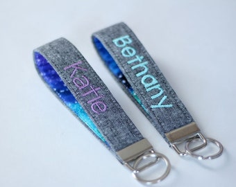 Galaxy Embroidered Key Fob - PREORDER: Personalized Wristlet Keychain in Blue Aqua Galaxy; Stars Keychain; Custom Key Fob in Blue and Aqua