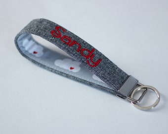 Custom Embroidered Key Fob, Personalized Wristlet Keychain, Cloud Keychain, Rain Cloud Custom Key Fob - PREORDER