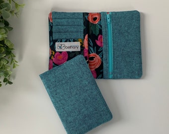 Rifle Paper Floral Wallet; CUSTOM Womens Wallet; Rifle Paper Floral and Teal Linen Wallet; Fabric Wallet  - PREORDER
