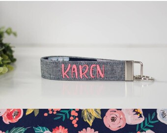 Blue Floral Personalized Key Fob - PREORDER: Blue Embroidered Wristlet Keychain in Navy Coral Floral; Custom Key Fob in Blue and Pink Flower