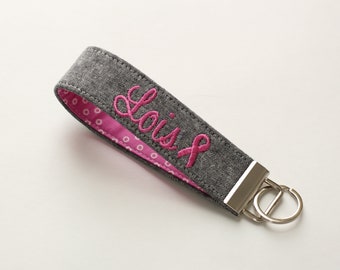Breast Cancer Personalized Key Fob; Personalized Keychain Breast Cancer Awareness; Linen Key Strap - PREORDER