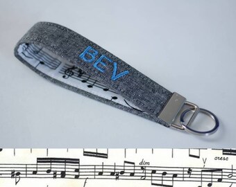 Music Embroidered Key Fob - PREORDER: Personalized Wristlet Keychain, Sheet Music Notes Keychain, Custom Key Fob in Black White