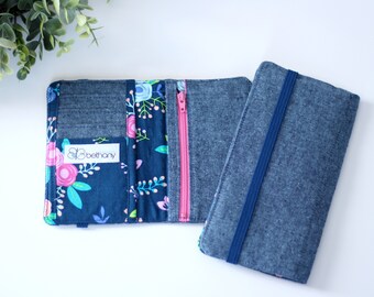 Navy Blue Floral Linen Wallet - PREORDER; CHOOSE Your SIZE Wallet; Slim Wallet; Card Wallet Blue Floral; Flower Fabric Wallet; Credit Card