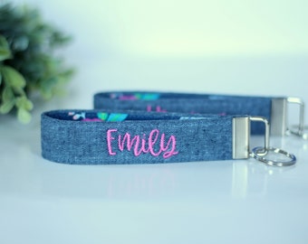 Blue Floral Embroidered Key Fob - PREORDER: Personalized Wristlet Keychain in Blue Pink; Floral Keychain; Custom Key Fob in Blue and Pink