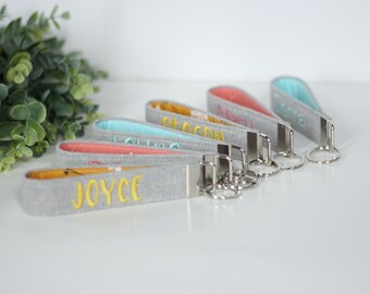 Personalized Gray Linen Keychain - PREORDER; Custom Key Fob; Yellow, Aqua, Coral; Teacher Gift; Key strap; Embroidered Key Fob Teacher Gift
