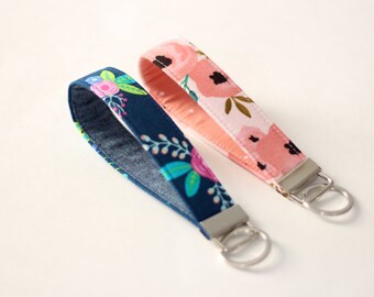 Blue Floral Keychain; Living Coral Key Fob; Fabric Floral Key Fob; Wristlet Keychain; Handmade Key Strap; Cloth Keychain; Floral  - PREORDER