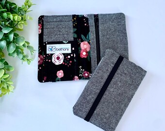Black Floral Womens Wallet - READY to SHIP; Charcoal Gray Linen and Black Floral Wallet; Fabric Wallet; Linen Wallet; Slim Wallet; Small