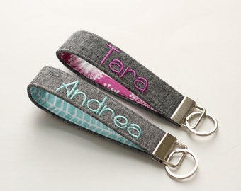 Personalized Fabric Keychain, Wristlet Keychain in Linen, Custom Keychain Choose Your Color; Teacher Gift; Key strap, Embroidered PREORDER