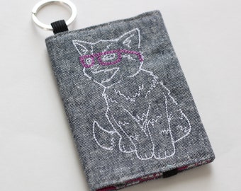 Cat with Glasses Card Wallet, Cat Business Card Case, Linen Cat Keychain Wallet - PREORDER
