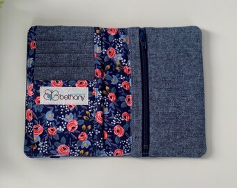 Blue Rifle Paper Floral Wallet; CUSTOM Womens Wallet; Rifle Paper Floral and Blue Linen Wallet; Fabric Wallet - READY to SHIP