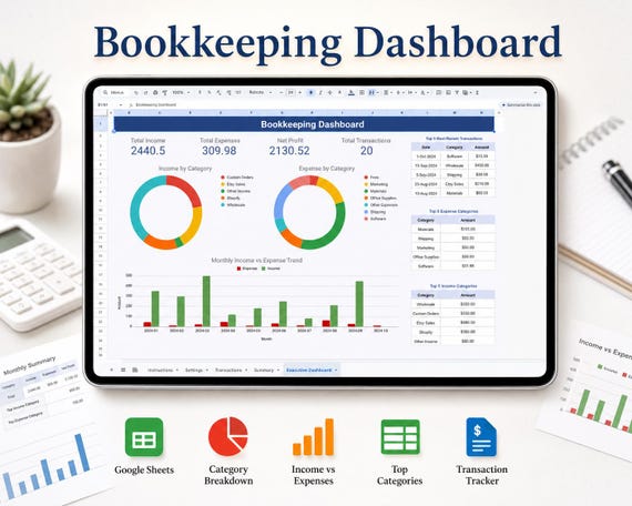 Easy Small Business Bookkeeping Spreadsheet, Etsy Seller Expense Tracker, Simple Accounting Dashboard & Finance Template for Entrepreneurs