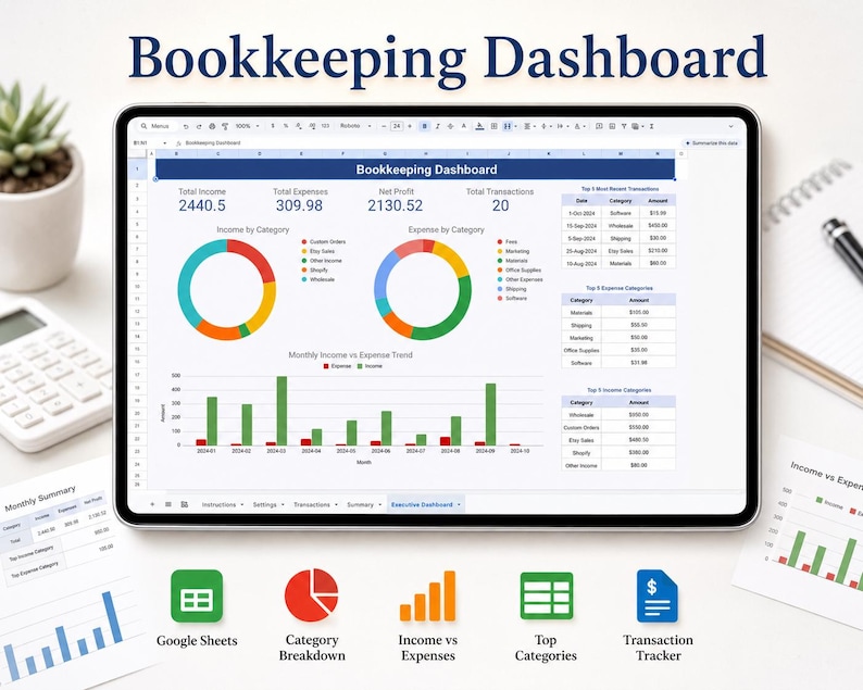 Easy Small Business Bookkeeping Spreadsheet, Etsy Seller Expense Tracker, Simple Accounting Dashboard & Finance Template for Entrepreneurs image 1