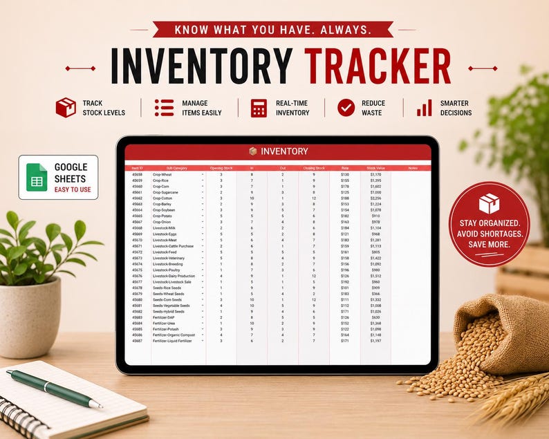May include: A digital tablet displays an inventory tracker spreadsheet. The text "INVENTORY TRACKER" is at the top, with icons for stock levels, item management, real-time inventory, waste reduction, and smarter decisions. The text "GOOGLE SHEETS EASY TO USE" is also visible.