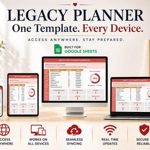 May include: Image showcasing a Legacy Planner on various devices: a smartphone, tablet, desktop computer, and laptop. The planner interface is displayed on each screen, with a red and white color scheme. Text includes "One Template. Every Device." and "Access Anywhere. Stay Prepared."