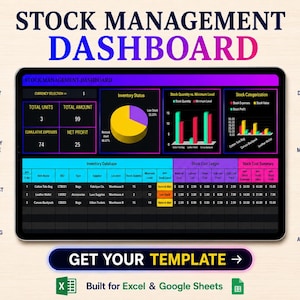 Könnte beinhalten: Eine digitale Bestandsverwaltungs-Dashboard-Vorlage für Excel und Google Sheets. Die Benutzeroberfläche zeigt Bestandsstatus, Mengen und Kostenbuchhaltung mittels Tortendiagrammen, Balkendiagrammen und Tabellen an. Symbole für Währung und Datenbanken umgeben den Bildschirm.