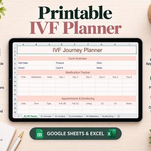 May include: A digital IVF journey planner displayed on a tablet screen, featuring sections for cycle overview, medication tracking, and appointments. The interface includes columns for dates, times, and clinical notes, compatible with Google Sheets and Excel.