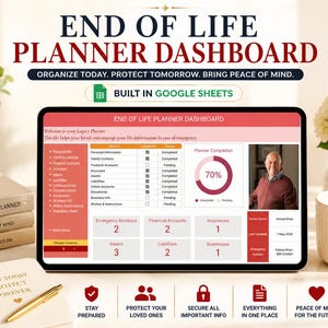 May include: A digital tablet displaying an "End of Life Planner Dashboard" with data fields and a progress chart. The image includes text: "Organize Today. Protect Tomorrow. Bring Peace of Mind." and "Built in Google Sheets."