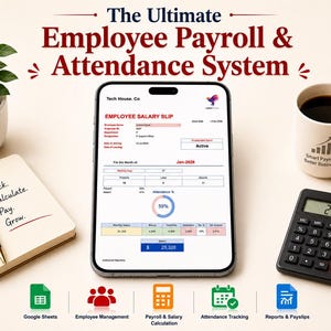 Puede incluir: Imagen que promociona un sistema de nómina y asistencia de empleados. La imagen incluye un teléfono inteligente que muestra un recibo de salario, una calculadora que muestra "25320", una taza de café, un bloc de notas con el texto "Track. Calculate. Pay. Grow." e iconos.