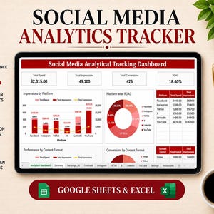 Könnte beinhalten: Ein digitales Tablet zeigt ein Social Media Analytics Tracker Dashboard mit roten und weißen Diagrammen, Grafiken und Tabellen. Der Bildschirm zeigt Kennzahlen wie Gesamtausgaben, Impressionen und Conversions. Unter dem Tablet befindet sich ein rotes Banner mit der Aufschrift Google Sheets & Excel.
