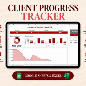 Könnte beinhalten: Ein digitaler Kundenfortschritts-Tracker auf einem Tablet-Bildschirm mit Datentabellen, einem Kreisdiagramm, Balkendiagrammen und einem Liniendiagramm. Die Benutzeroberfläche enthält den Text Client Progress Tracker sowie Google Sheets & Excel.