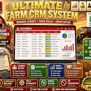 Może przedstawiać: Ekran laptopa wyświetla interfejs "ULTIMATE FARM CRM SYSTEM", prezentujący dane klientów, wykresy i tabele. Obraz zawiera ikony analiz, sprzedaży i zarządzania gospodarstwem, z tekstem takim jak "Zarządzaj klientami, śledź sprzedaż, rozwijaj się szybciej".