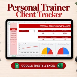May include: A digital Personal Trainer Client Tracker spreadsheet displayed on a tablet screen. The interface features red and white sections, data charts, and navigation tabs. Icons for client database, workout plans, and nutrition are visible.