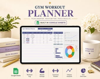 Plantilla de hoja de cálculo para Google Sheets: Rastreador de entrenamientos, planificador de gimnasio y panel de control de fitness, registro automatizado de ejercicios y seguimiento de levantamiento de pesas.