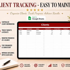 Peut inclure: Une feuille de calcul num&eacute;rique de suivi client pour Google Sheets affich&eacute;e sur un &eacute;cran de tablette. L'interface pr&eacute;sente un en-t&ecirc;te rouge intitul&eacute; Clients avec des colonnes pour ID, Nom, Statut, Cible, Actuel et Progr&egrave;s. Le texte inclut Client Tracking - Easy to Maintain et Organize Clients. Track Progress. Achieve Results.