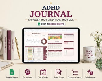 Diario para TDAH en Google Sheets / Aplicación web de diario digital, escritura diaria, autocuidado basado en la TCC, alivio de la ansiedad y atención plena.