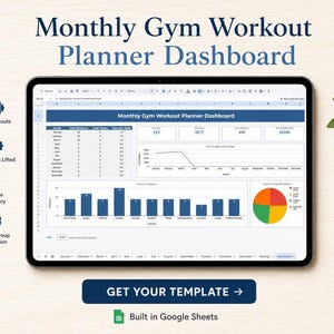 May include: A digital Monthly Gym Workout Planner Dashboard template for Google Sheets displayed on a tablet screen. The interface features data tables, a line graph for weight lifted, a bar chart for exercise frequency, and a pie chart for muscle group distribution.