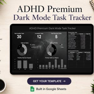 May include: A digital task tracker template titled ADHD Premium Dark Mode Task Tracker displayed on a tablet screen. The interface features dark gray backgrounds with white text, including pie charts, bar graphs, and tables for task management.